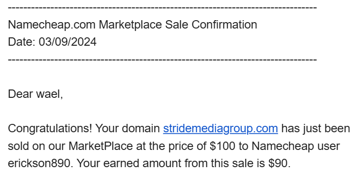 بيع دومين stridemediagroup.com بسعر 100 دولار على Namecheap