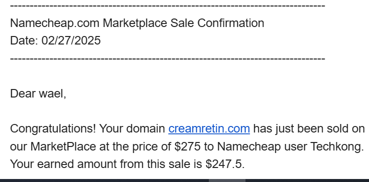 بيع دومين creamretin.com بسعر 275 دولار على Namecheap
