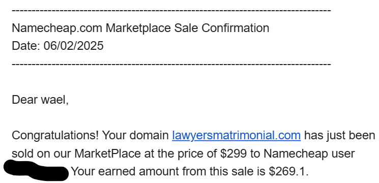 بيع دومين lawyersmatrimonial.com بسعر 299 دولار على Namecheap