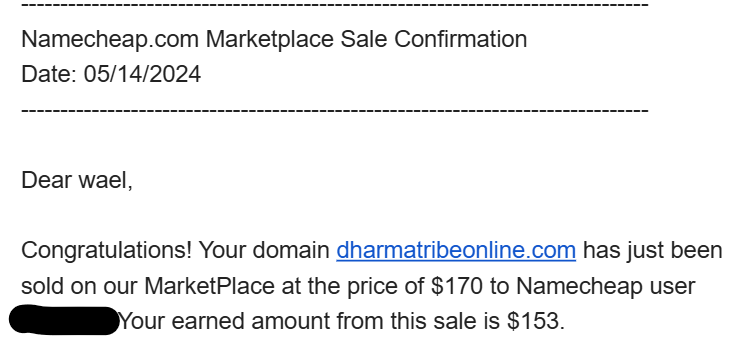 بيع دومين dharmatribeonline.com بسعر 170 دولار على Namecheap