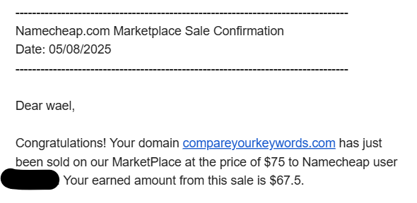 بيع دومين compareyourkeywords.com بسعر 75 دولار على Namecheap