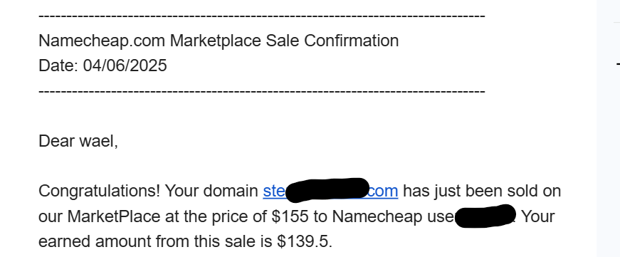 بيع دومين بسعر 155 دولار على Namecheap