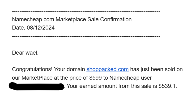 بيع دومين shoppacked.com بسعر 599 دولار على Namecheap