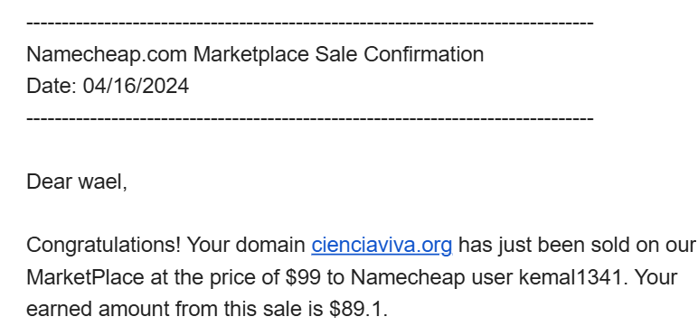 بيع دومين cienciaviva.org بسعر 99 دولار على Namecheap