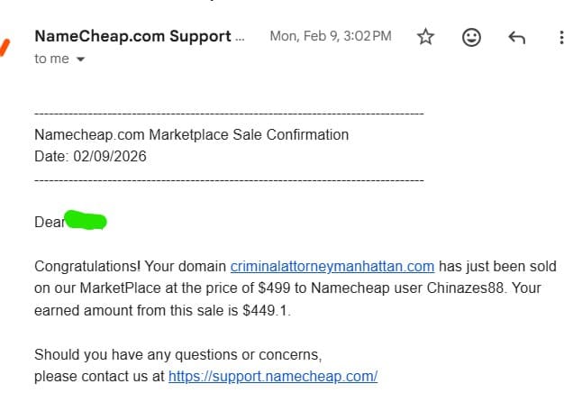 بيع دومين criminalattorneymanhattan.com بسعر 499 دولار على Namecheap